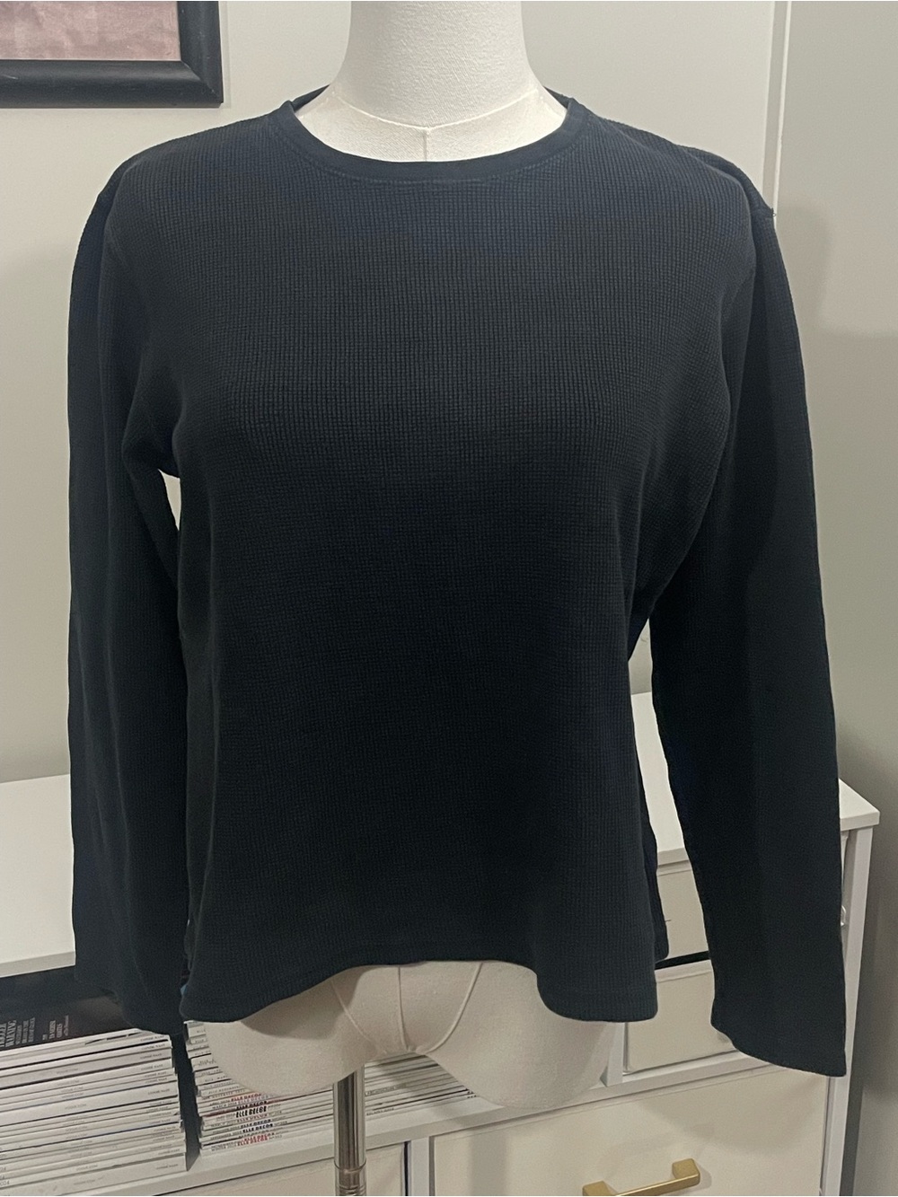 Ann Taylor LOFT Black Long-Sleeve Waffle Knit Top (M)